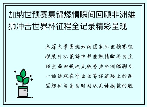 加纳世预赛集锦燃情瞬间回顾非洲雄狮冲击世界杯征程全记录精彩呈现
